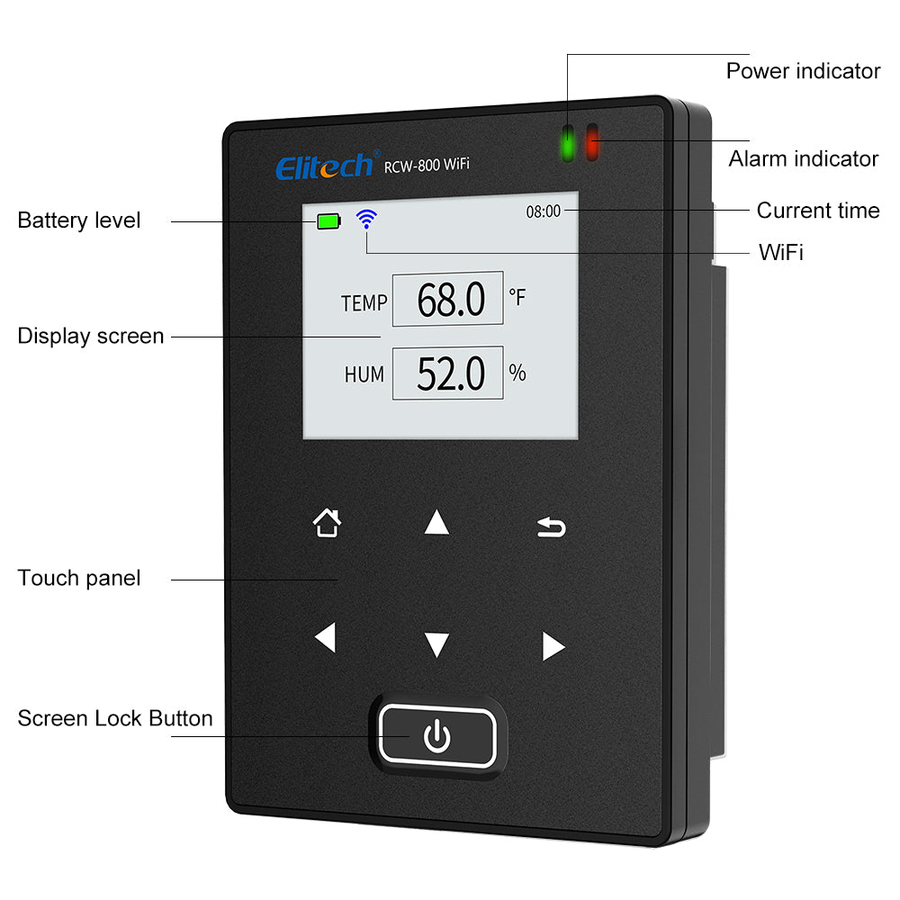 Elitech RCW-800WiFi Real-time Temperature and Humidity Data Logger with SMS Email APP Push Alert Matte Black (Temlog W1H) 
