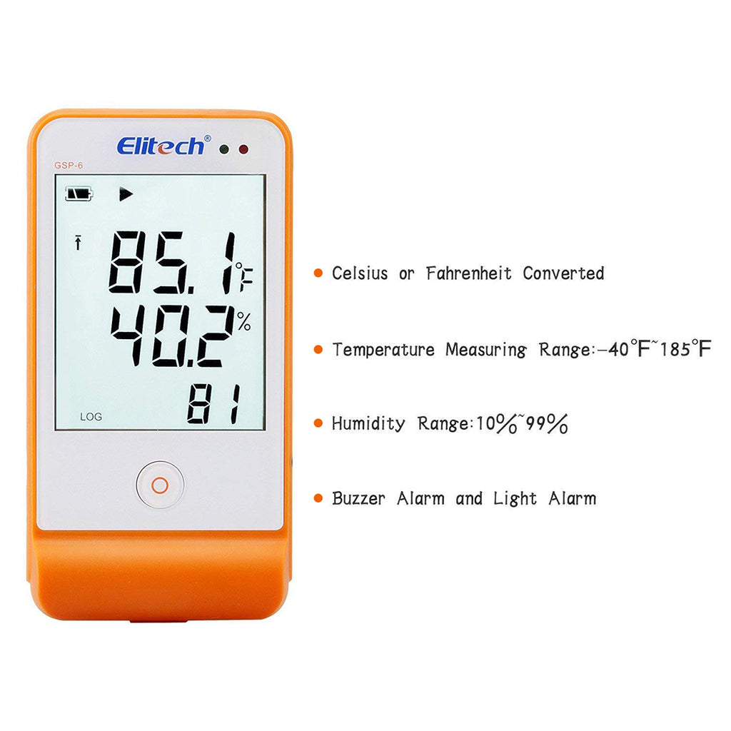 Elitech GSP-6 ISO 17025 Certified Digital Temperature and Humidity Data Logger -40℉ to 158℉ Max Accuracy up to ±0.6℉ Audio Alarm 2-Year Certificate Max/Min Value Display