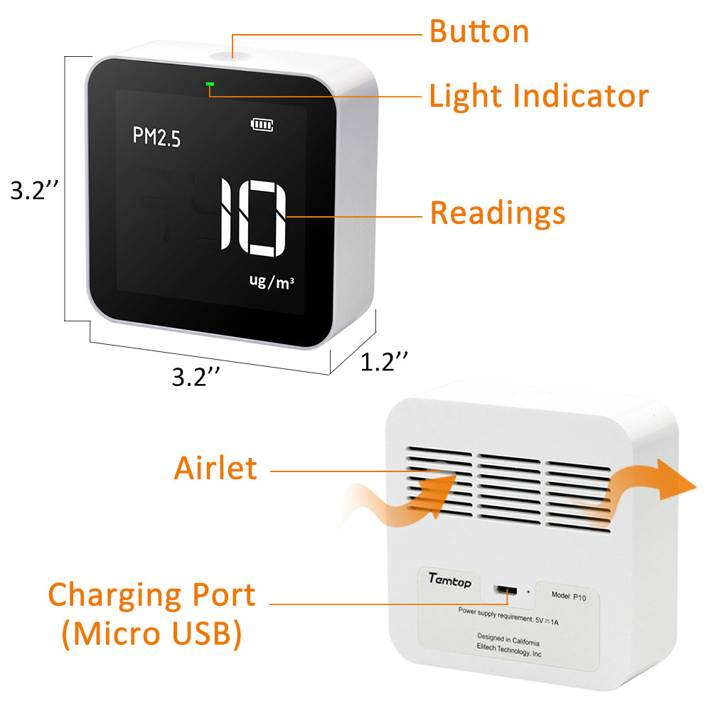 Temtop P10 Air Quality Monitor Real-time Particulate Matter PM2.5 AQI Monitor-