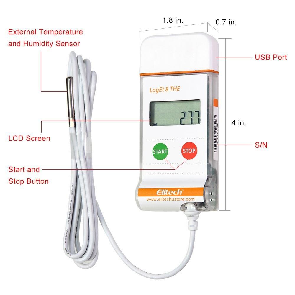 Elitech LogEt 8 THE Temperature and Humidity Data Logger Reusable PDF Report USB Port External Sensor 16000 Points - Elitechustore