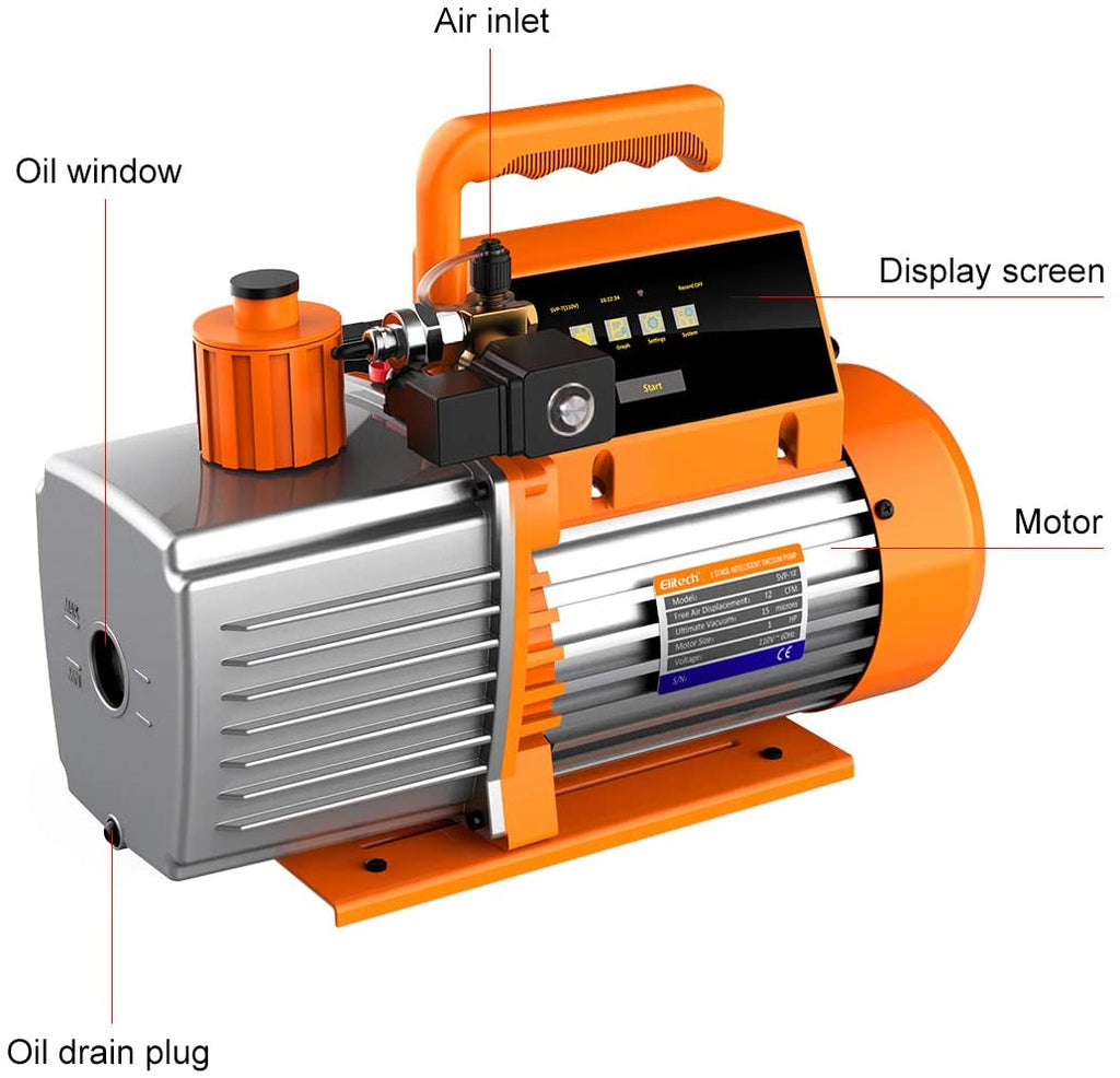 Elitech SVP-12 Vacuum Pump 12 CFM 2 Stage Intelligent HVAC Refrigerant Recharging, Touch Screen, Data Logging and Storage via App - Elitech Technology, Inc.