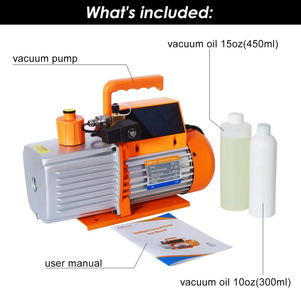 Elitech SVP-12 Vacuum Pump 12 CFM 2 Stage Intelligent HVAC Refrigerant Recharging, Touch Screen, Data Logging and Storage via App - Elitech Technology, Inc.