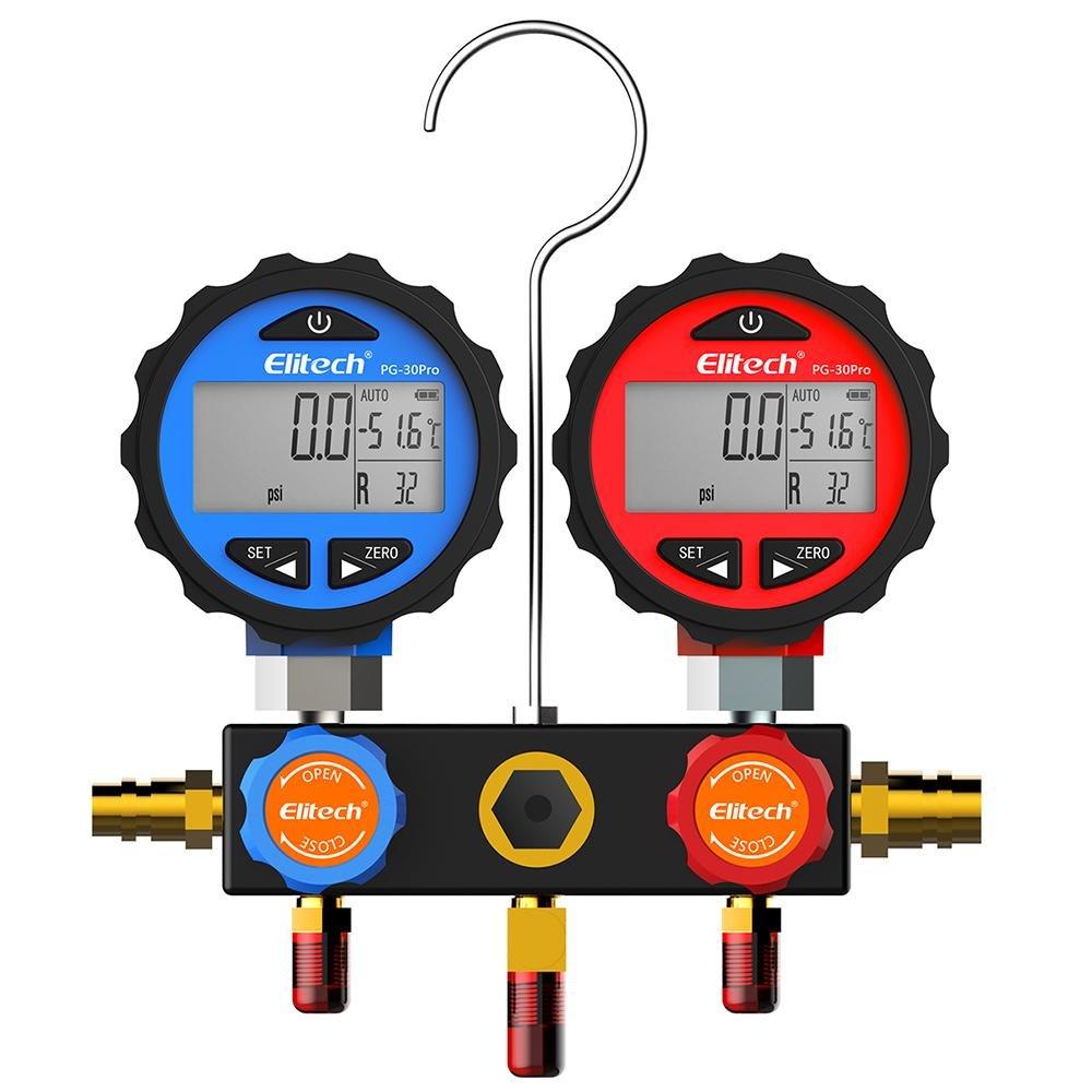 Elitech SVP-7 Vacuum Pump 7 CFM 2 Stage Intelligent HVAC DMG-3 AC Manifold Gauge Set 2 Way Hoses Coupler Adapters - Elitech Technology, Inc.
