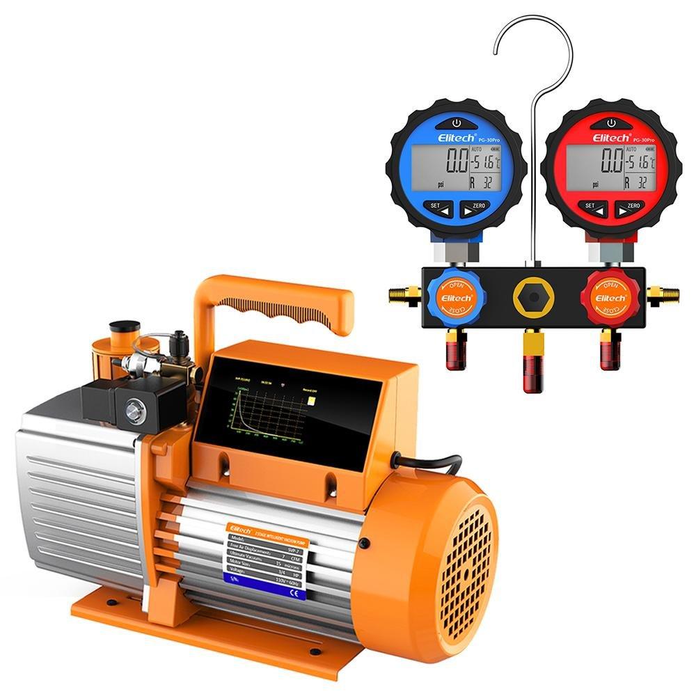 Elitech SVP-7 Vacuum Pump 7 CFM 2 Stage Intelligent HVAC DMG-3 AC Manifold Gauge Set 2 Way Hoses Coupler Adapters - Elitech Technology, Inc.