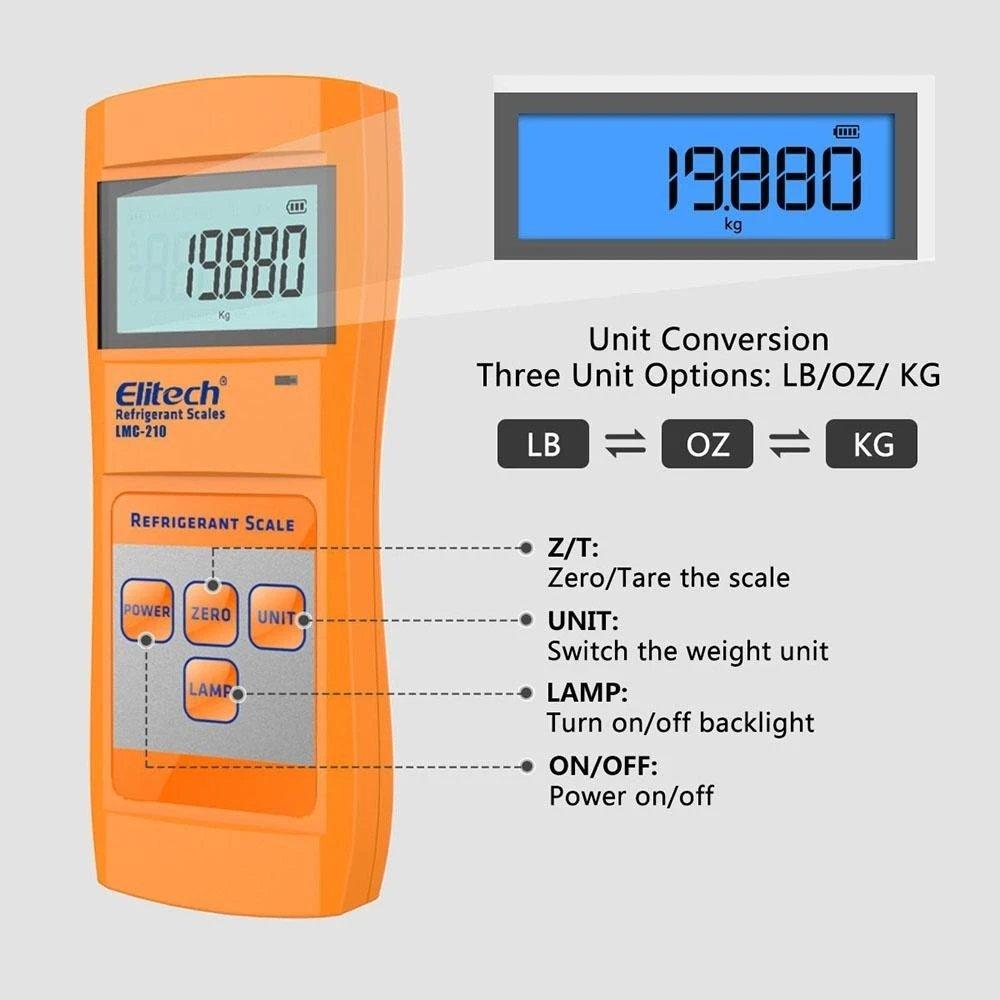 Elitech SVP-7 Vacuum Pump 7 CFM 2 Stage Intelligent HVAC LMC-210 Wireless Refrigerant Charging Weight Recovery Scale 220lbs/100kgs - Elitech Technology, Inc.